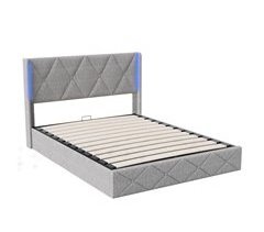 Cama de arrumação, cabeceira com LED, cama de casal com base de ripas