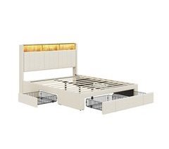 Cama Base LED E USB, Cama Acolchoada Cama De Casal Com 4 Gavetas