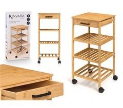 Carrinho em bambu com rodas 3 prateleiras e gaveta 73x33x33cm