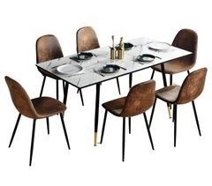 Conjunto de mesa com efeito mármore e 6 cadeiras escandinavas