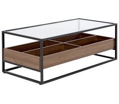 Mesa de centro com vidro temperado metal preto e prateleira castanha escura WACO 55x110