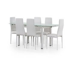 Mesa extensível de vidro + 6 cadeiras em couro sintético 170x70