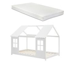 Cama de criança Tostedt em forma de casa com janelas e colchão 97x207