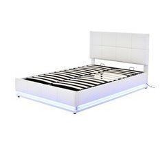 Cama com LED, cabeça elevável, armazenamento acolchoado 142x203