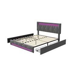 Cama com LED e base USB, cama acolchoada com 4 gavetas