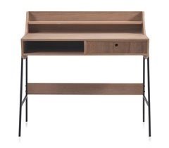 Mesa escrivaninha de madeira de freixo com gaveta e base de metal