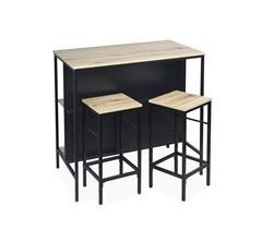 Mesa alta de madeira e metal, 2 prateleiras, 2 bancos