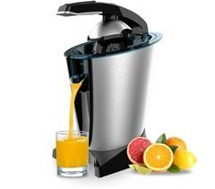 Cecotec Espremedor elétrico com braço em aço inoxidável para laranjas e citrinos com 600 W de potência, filtro em aço inoxidável e dois cones de plástico amovíveis de diferentes tamanhos.