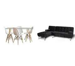 Pacote de Sofá Chaise Longue + Mesa de Vidro Temperado + 4 Cadeiras 120x70