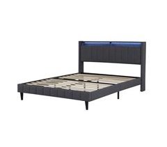 Cama de casal estofada, estrutura de cama com LED e tomada USB