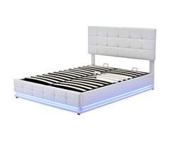 Cama estofada em PU com LED e armazenamento, cama de casal