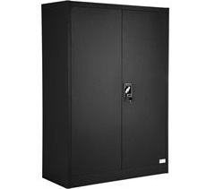 Armario de oficina con cerradura y estantes, mueble negro