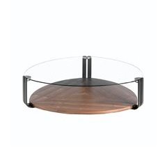 Mesa de centro triangular vidro temperado triangular, aço preto e nogueira