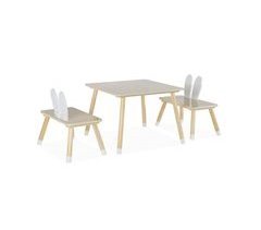 Mesa de criança + 2 cadeiras, pés em pinho, cor branca e madeira 59x59
