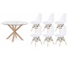 Pack Mesa Redonda de Vidro Temperado + 6 Cadeiras Estilo Nórdico 120x120