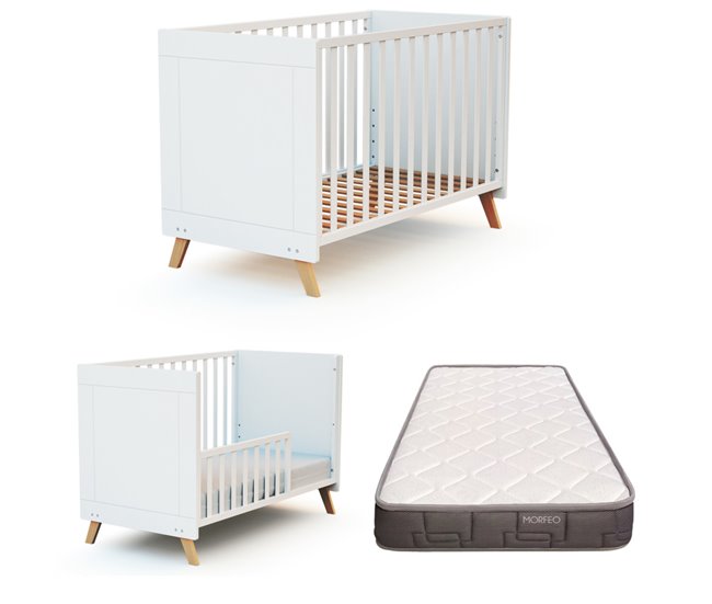 Berço Sakura convertível em cama e com colchão Morfeo Branco
