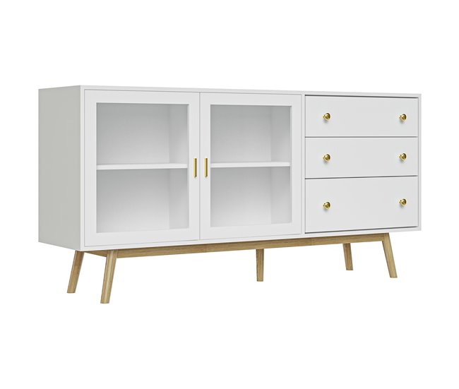 Aparador de Cozinha MDF, Vidro e Madeira de Borracha HOMCOM 160 Branco