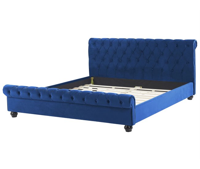 Beliani Cama com estrado Veludo AVALLON 192x233 Azul Marino