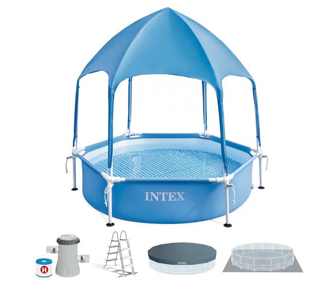 Piscina circular desmontável de 700 L c/toldo desmontável Canopy Metal Frame INTEX Azul