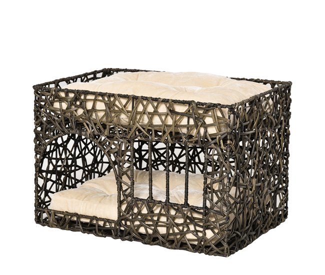 Cesta de Vime para Gatos Metal, Vime PE e Algodão PP PawHut Castanho