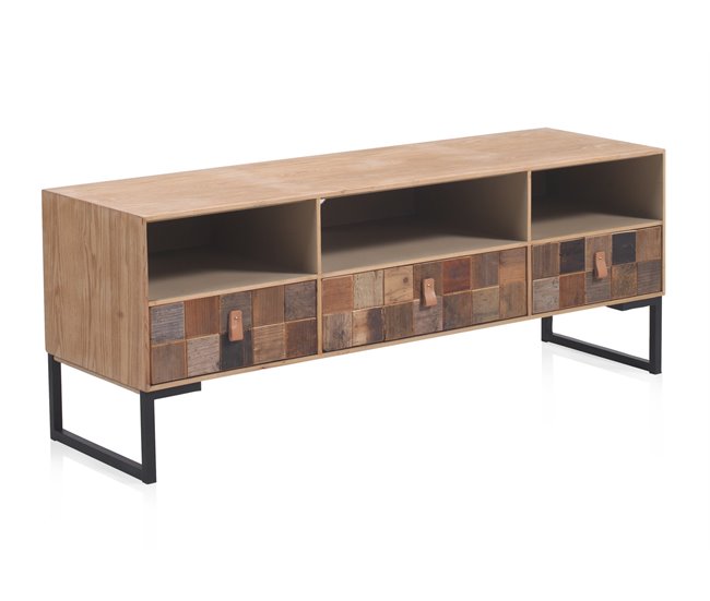 Mueble Tv Chapado Frontis De Madera Reciclada Base De Metal Natural