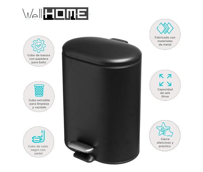 WELL HOME - Balde de pedal Siliflex em aço inoxidável Preto