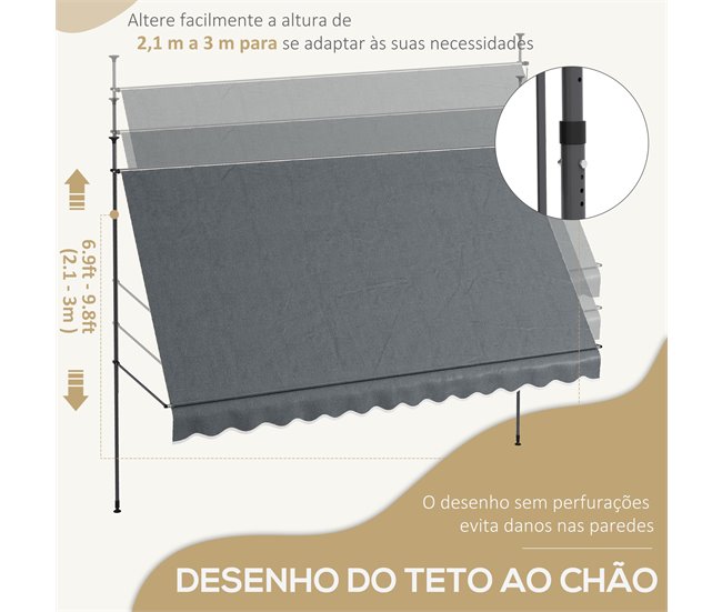 Toldo Manual Retrátil Alumínio, Metal e Poliéster Outsunny Cinza