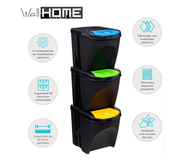 WELL HOME - Lixeira de plástico x 3 Preto