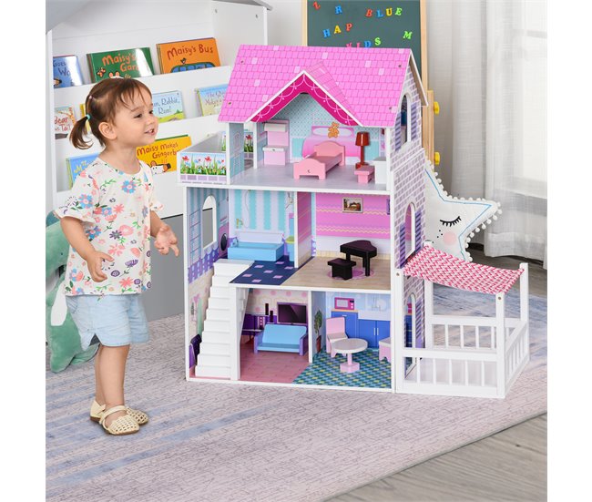 Casa de Bonecas Madeira de Pinho e MDF HOMCOM Rosa