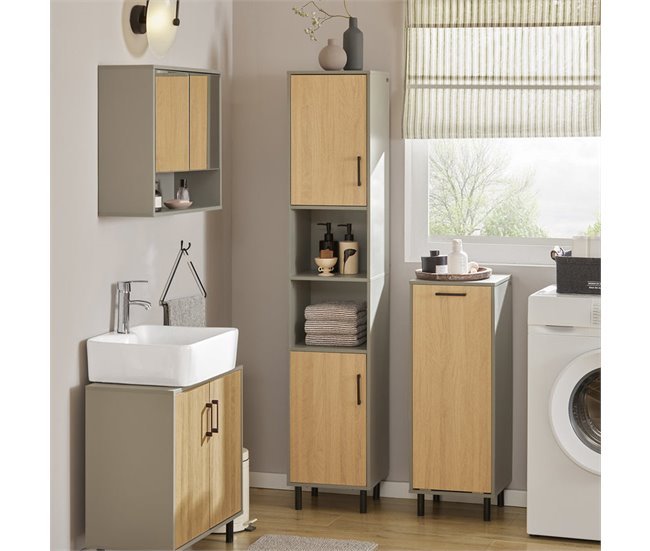 Armário de casa de banho alto com 2 portas BZR131-NG SoBuy Cinza