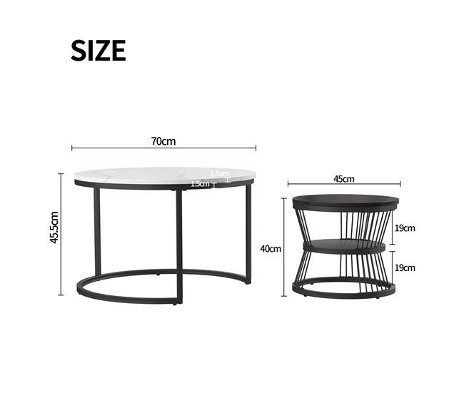 Mesa de centro, mesa de sala, iluminação LED, gavetas 70x45 Branco/ Preto