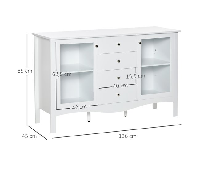 Aparador de Cozinha MDF, Vidro Temperado HOMCOM 136 Branco
