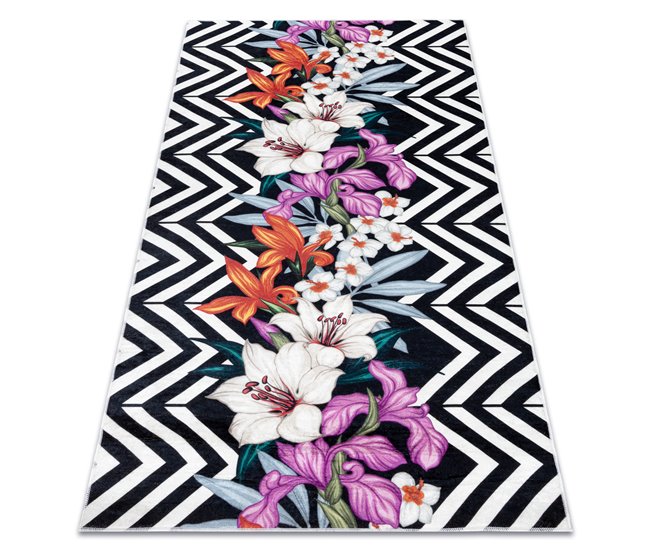 ANDRE 2300 Tapete flores zigzag antiderrapante 120x170 Preto