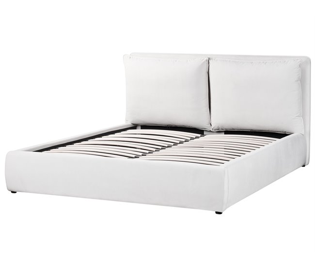 Beliani Cama com armazenamento Veludo BAJONNA 184x235 Branco/ Bege