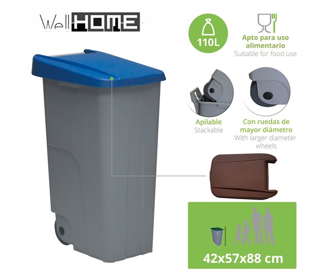 WELL HOME Conjunto de 2 Recipientes Fechados de 110L Azul+Preto Alt.88cm Azul/ Preto