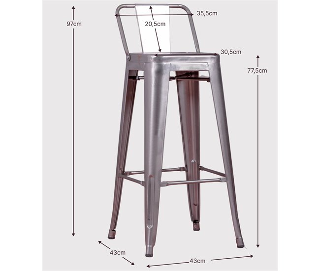 Banqueta industrial de metal com encosto baixo  - Bistro Branco