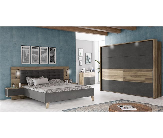 Conjunto cama com cabeceira e 2 mesinhas RICCIANO Carvalho