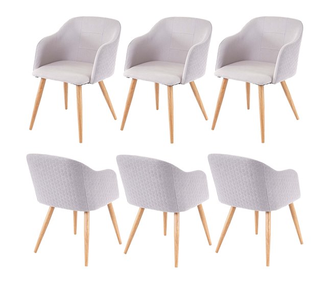 Conjunto de 6 cadeiras de sala de jantar de design retrô com braços e costuras decorativas em tecido/têxtil cinza claro 04_0000807