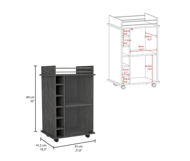 Bar Trolley Dukat, com rodas e porta de vidro 55 Carvalho Cinza