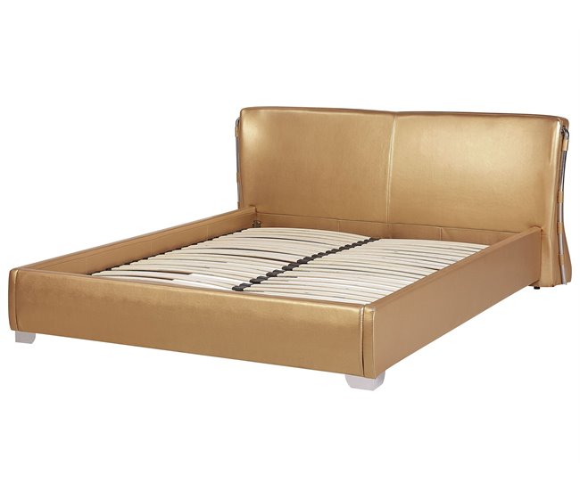 Beliani Cama LED Piel PARIS 215x228 Dourado