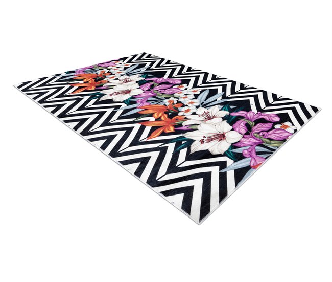 ANDRE 2300 Tapete flores zigzag antiderrapante 80x150 Preto