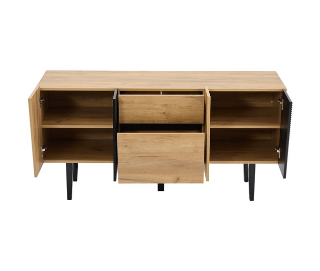 Aparador de painel de partículas com 4 portas e 2 gavetas Preto/ Madeira