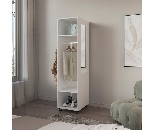 Armário em melamina Kronospan, três prateleiras, varão para roupa Branco