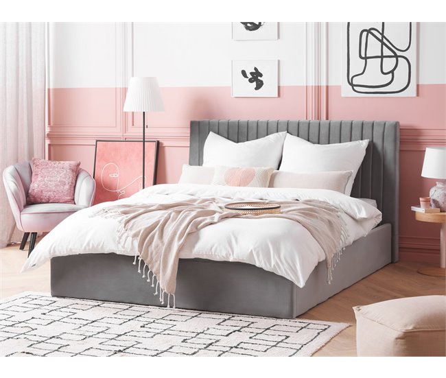 Beliani Cama com armazenamento Veludo VION 177x216 Cinza