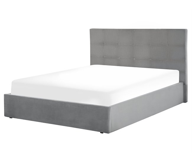 Beliani Cama com armazenamento Veludo LORIENT 177x216 Cinza Claro