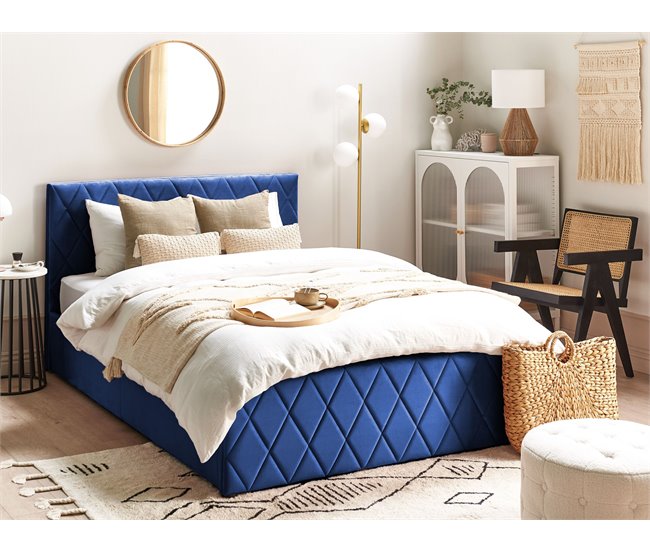 Beliani Cama com armazenamento Veludo ROCHEFORT 150x214 Azul Marino