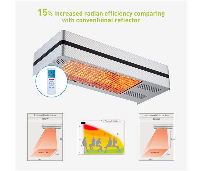 Sined HOT IRA INOX 2000 Aquecedor de pátio infravermelho com 2000W ajustável, Prata Prata