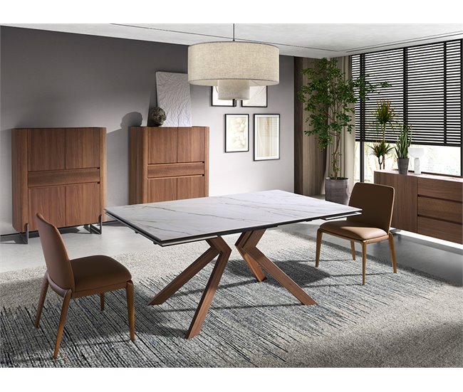 ANGEL CERDA Mesa de jantar extensível retangular em mármore porcelânico e aço com efeito nogueira 260x90 Nogal