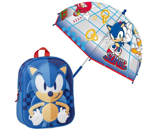 Conjunto de mochila 3d infantil blue sonic + guarda-chuva bolha combinando