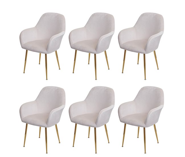 Conjunto de 6 cadeiras de sala de jantar de design retrô creme branco veludo pernas douradas 04_0007688